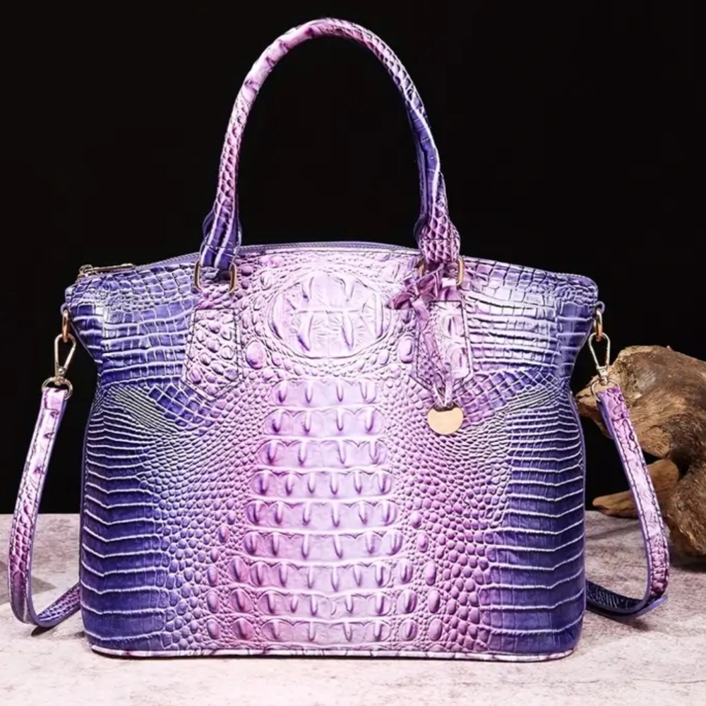 New! TRENDY Multi Purple Hombre Alligator Embossed Satctchel Handbag Purse.